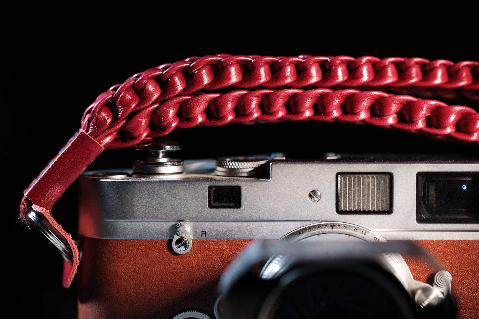 braided red leather camera wrist strap